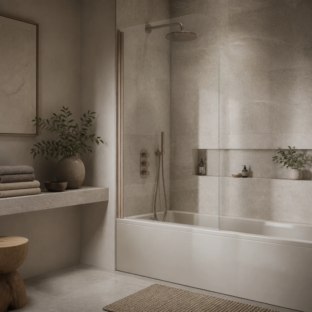 Styled bathroom corner with matching bath and glass screen