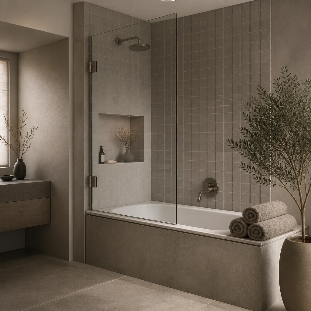 Compact bathroom vignette with a glass bath screen