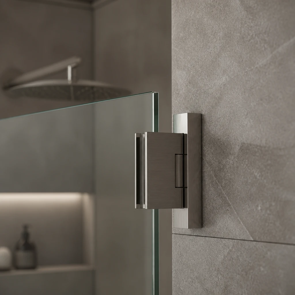 Frameless shower glass hinge and brushed fitting detail