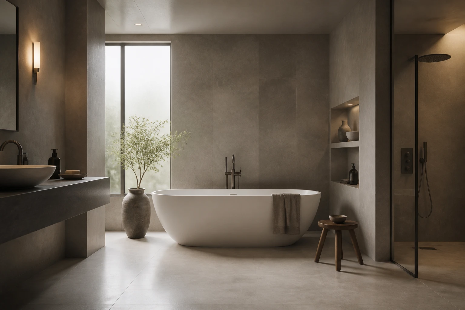 Minimalist grey bathroom with a freestanding acrylic bath