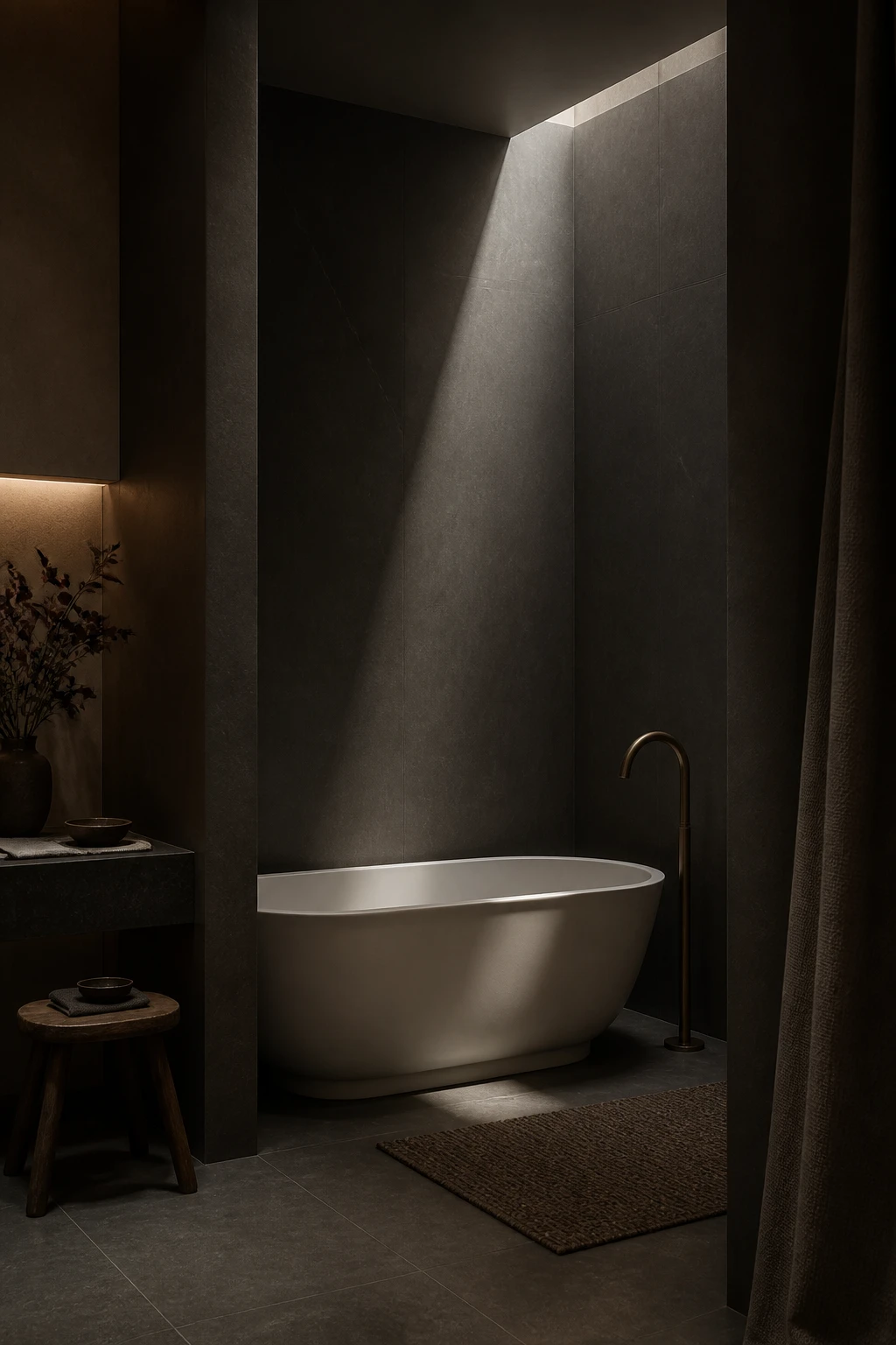 Moody grey bathroom with an enamelled steel bath