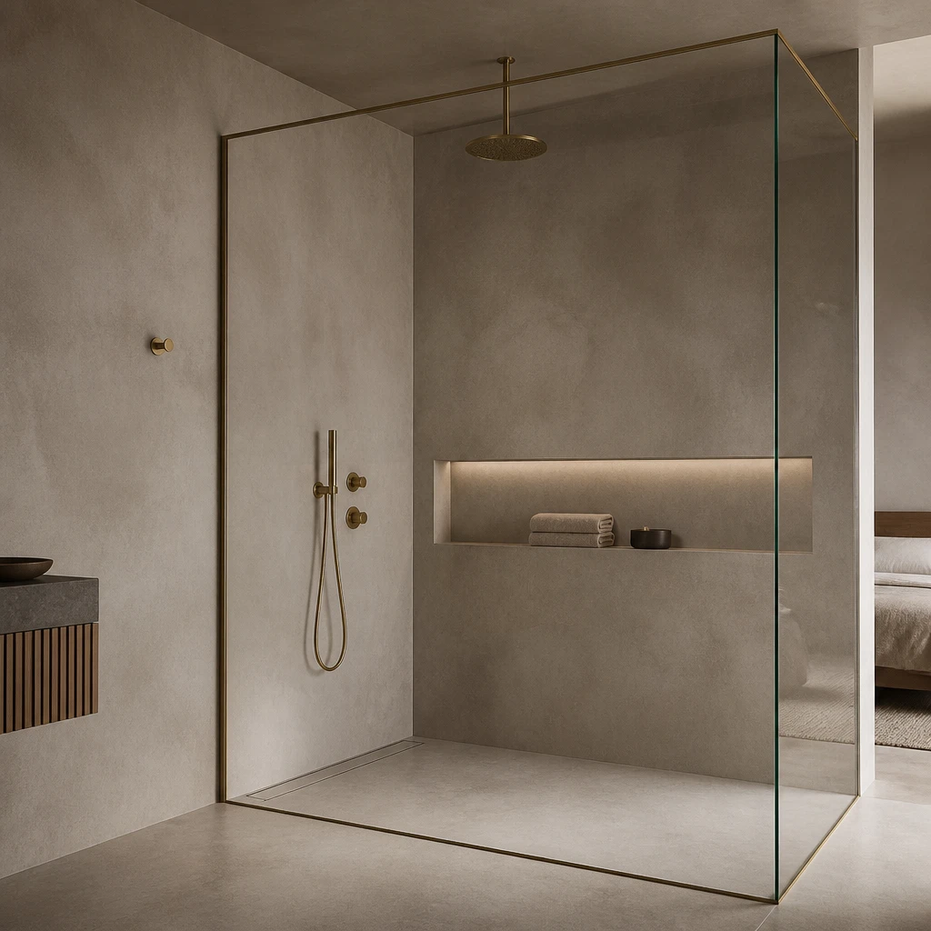 Frameless walk-in enclosure with brushed brass profiles