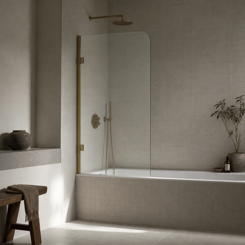 Hinged frameless bath screen with a brushed brass profile