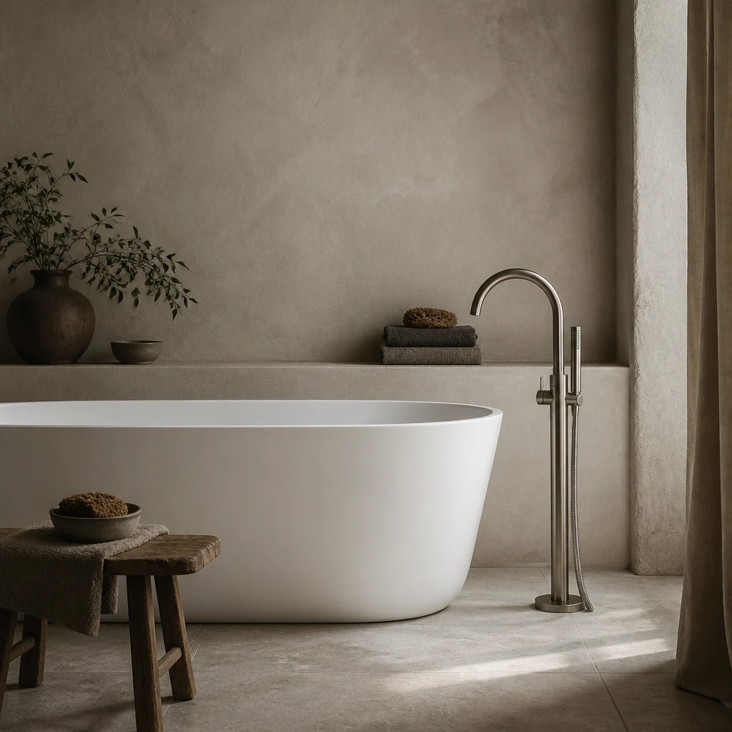 Enamelled steel bath with a floor-standing filler