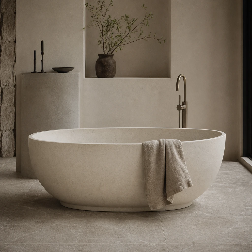 Freestanding stone resin bath in a pale limestone finish