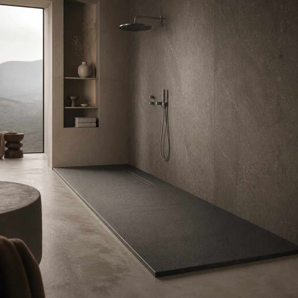 Extra-long anthracite stone resin tray in an open wet room