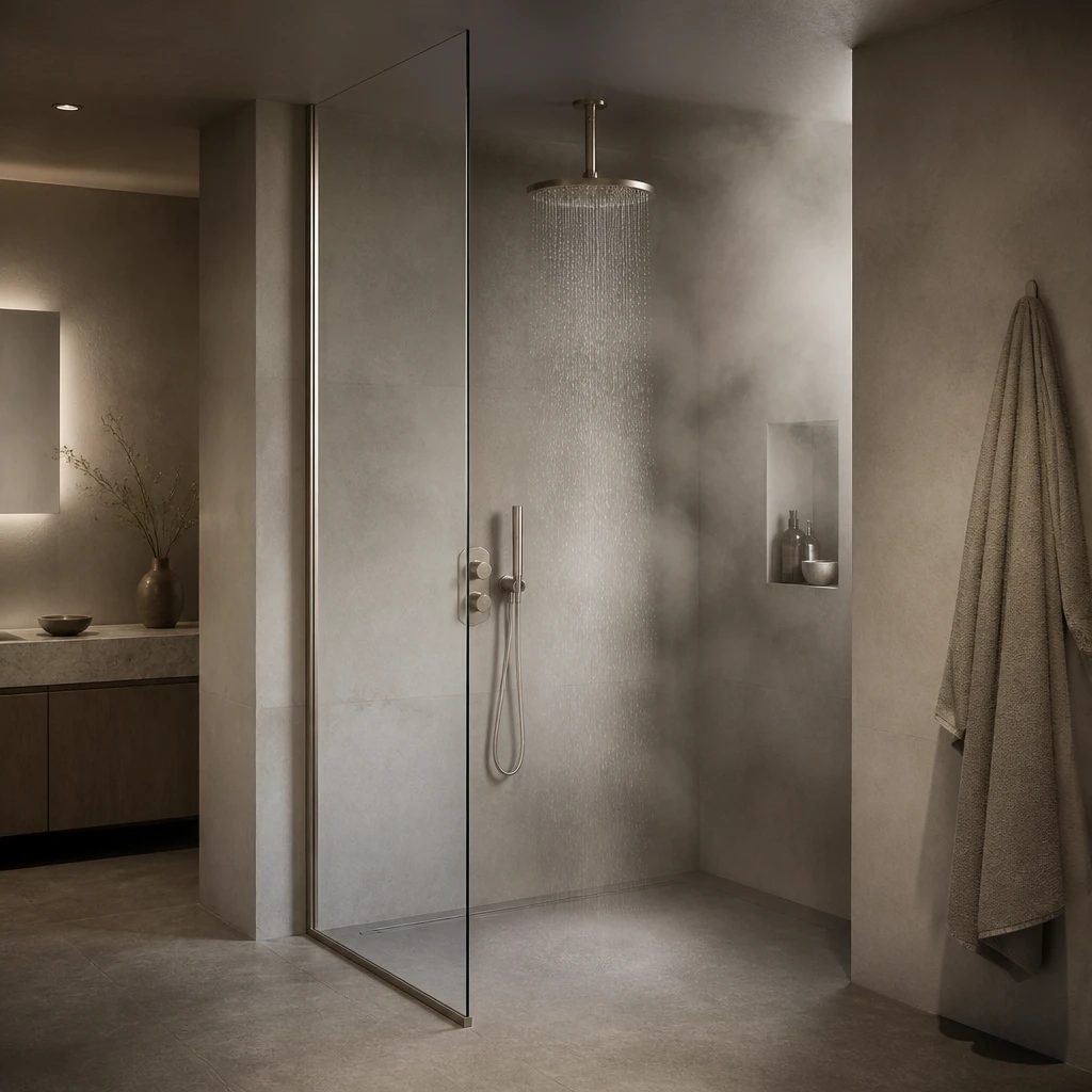 Walk-in shower enclosure with clear toughened glass
