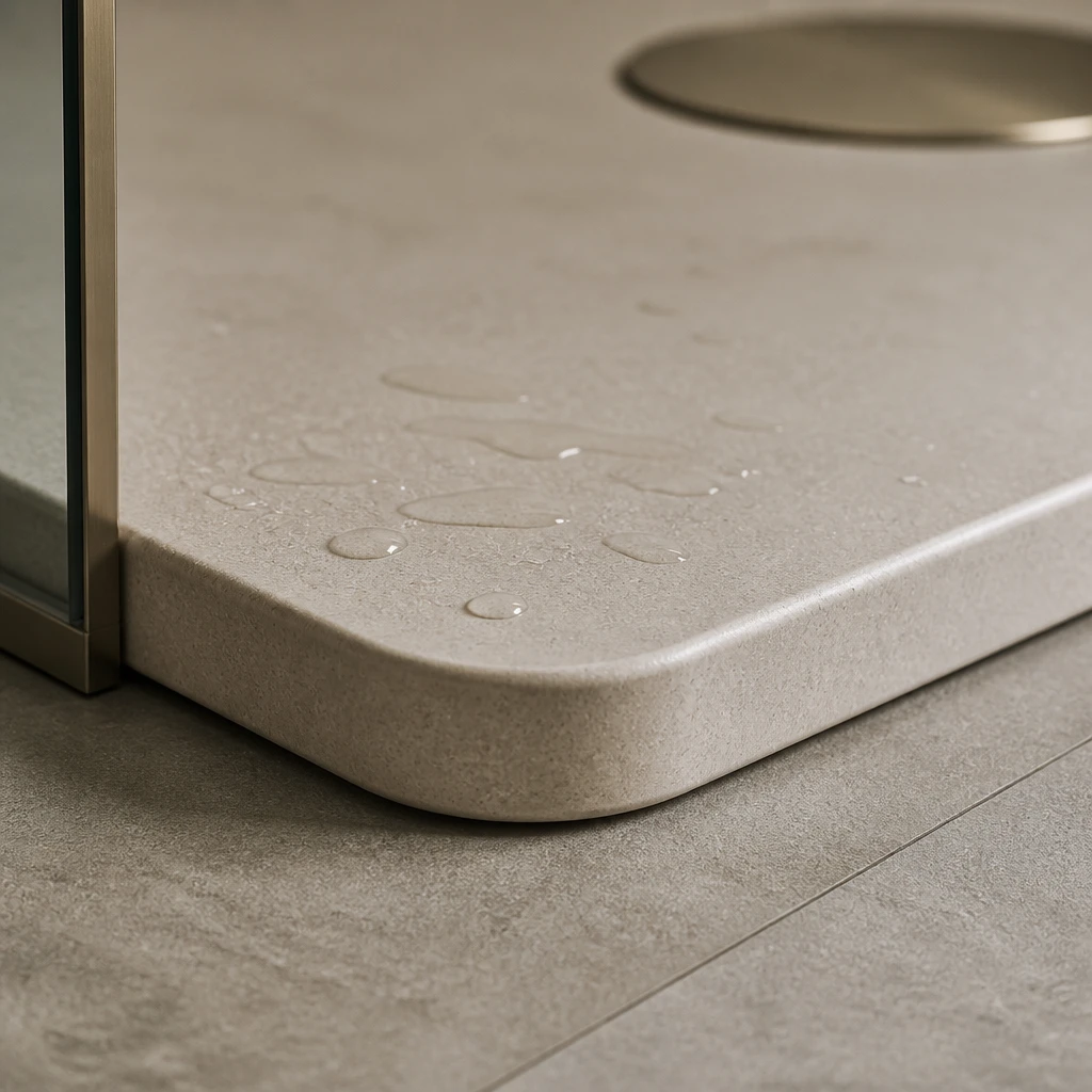 Corner detail of a matt stone resin shower tray