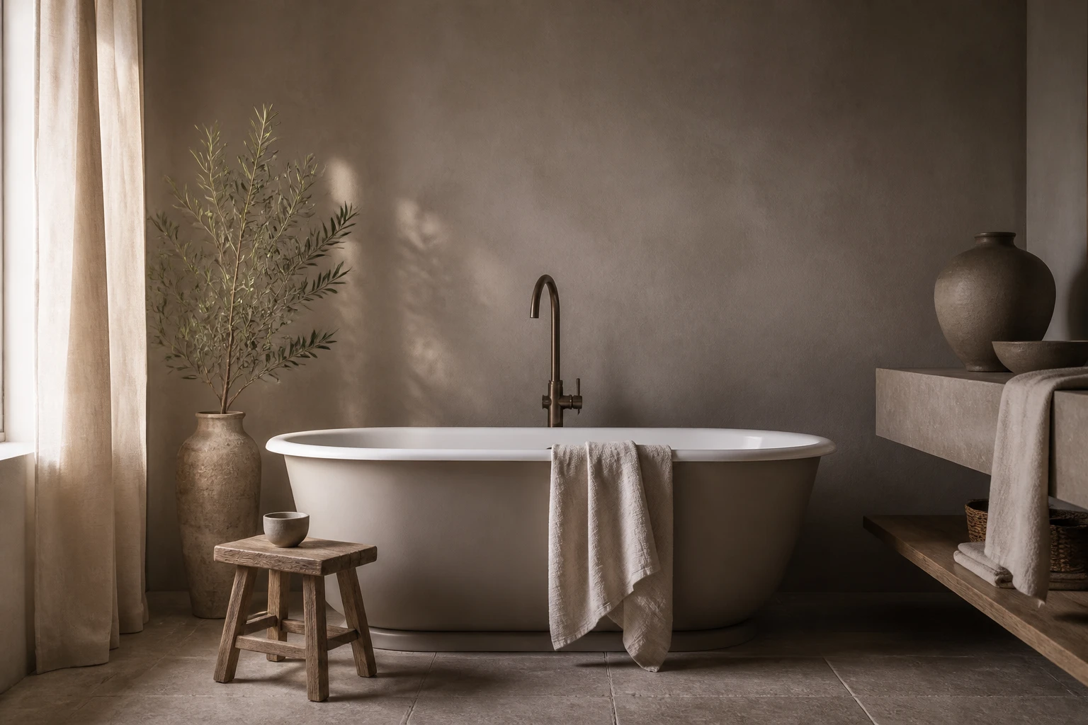 Calm bathroom interior with a steel bath and soft daylight
